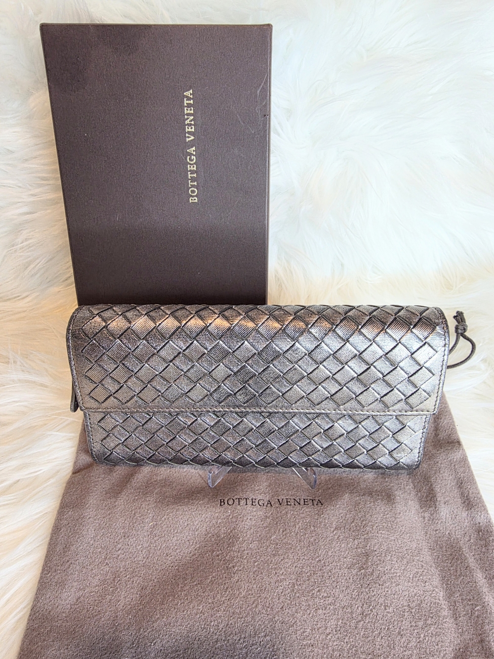 Bottega Veneta Intrecciato Wallet Metallic Pewter Leather Flap Continental Incl.